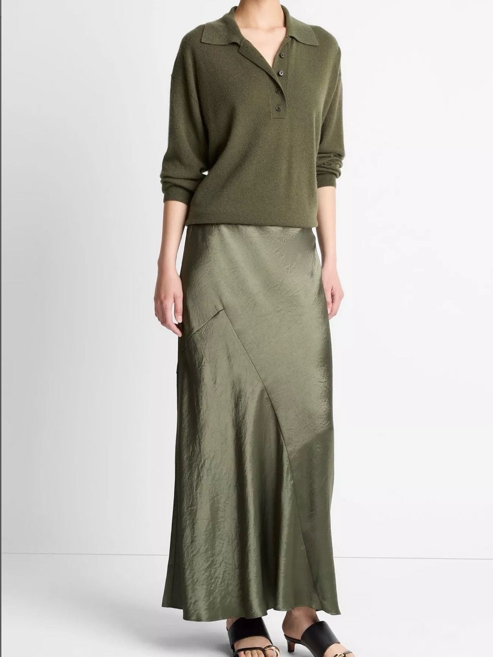Vince Green Olive Satin Bias Maxi Skirt size XS
